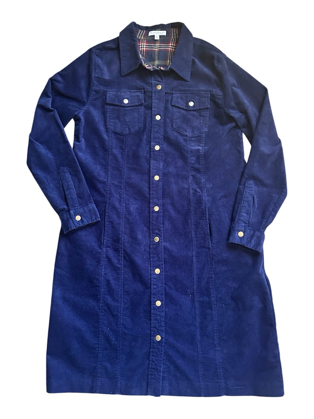 NorthStyle Navy Blue Corduroy Snap Up Midi Shirt Dress size Medium